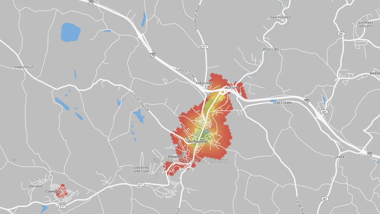 Walk Grade map of 15314, PA, walkable areas in green and car-dependent areas in red