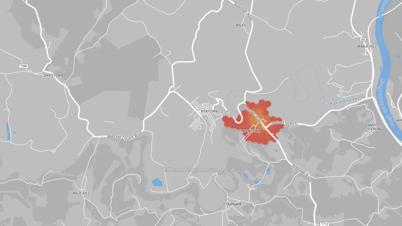 Walk Grade map of 15315, PA, walkable areas in green and car-dependent areas in red