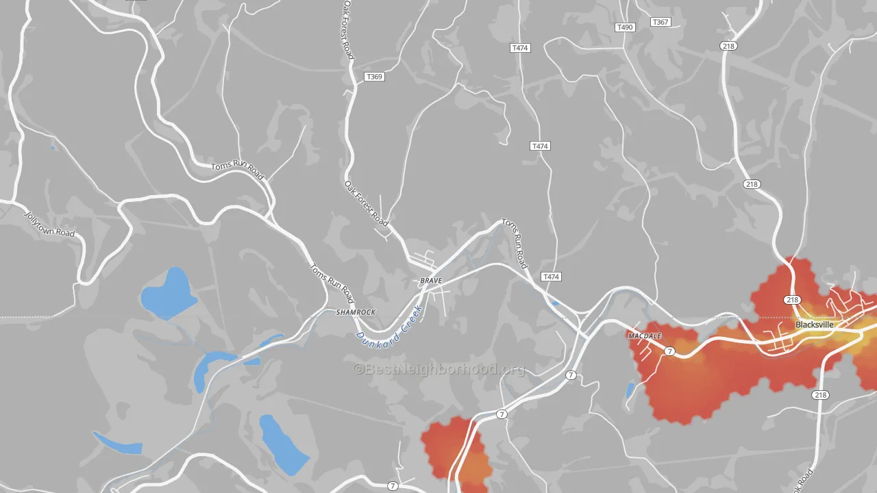 Walk Grade map of 15316, PA, walkable areas in green and car-dependent areas in red