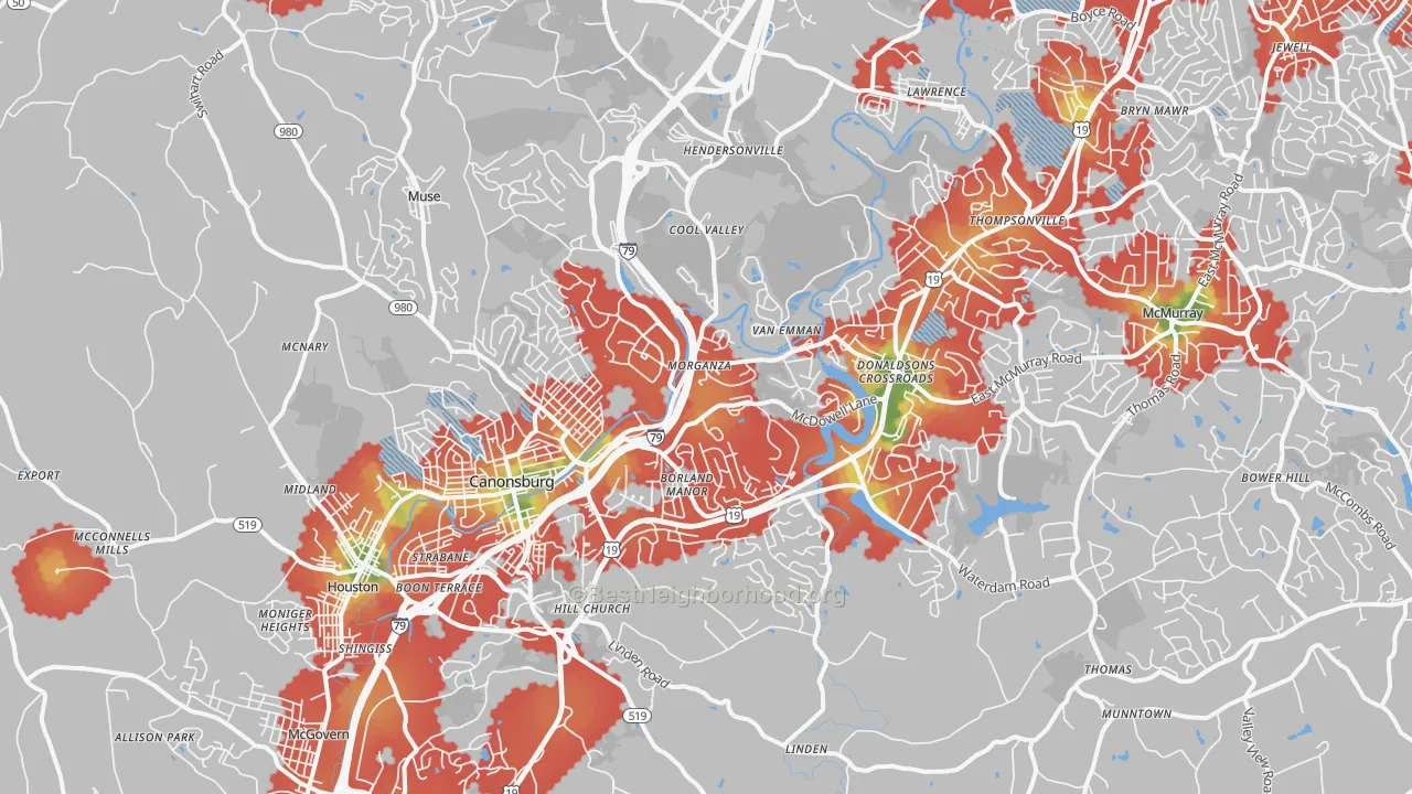 Walk Grade map of 15317, PA, walkable areas in green and car-dependent areas in red