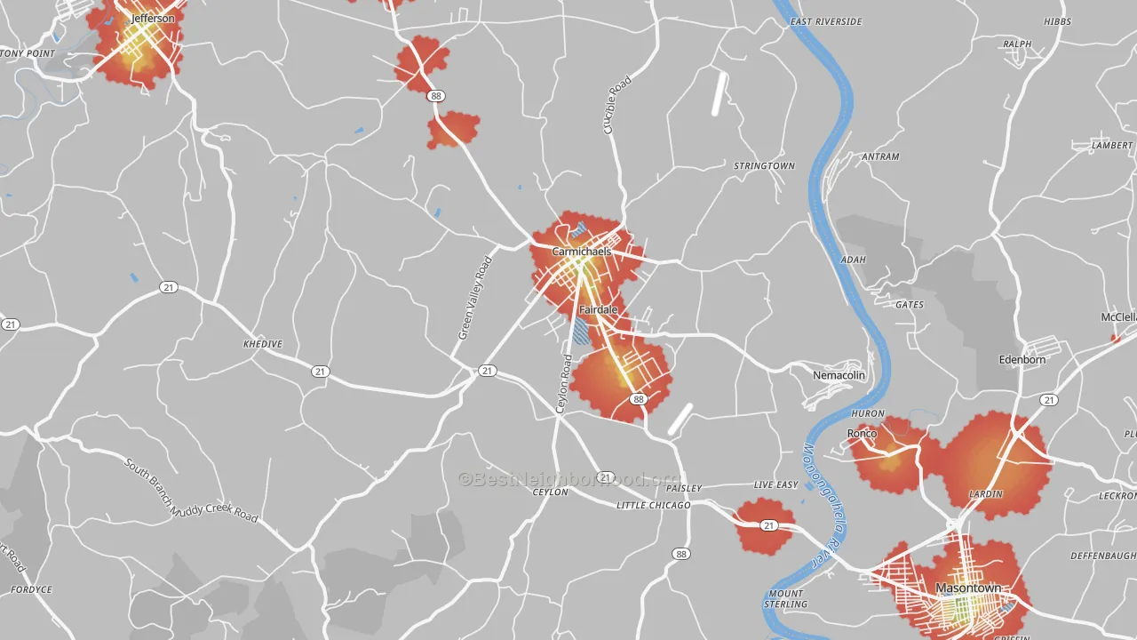 Walk Grade map of 15320, PA, walkable areas in green and car-dependent areas in red