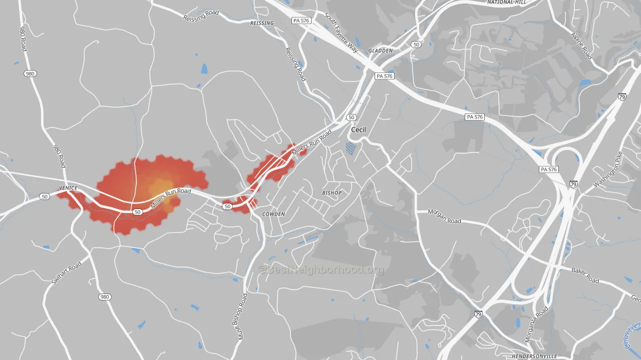 Walk Grade map of 15321, PA, walkable areas in green and car-dependent areas in red