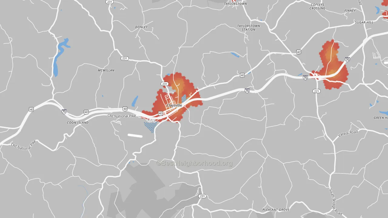 Walk Grade map of 15323, PA, walkable areas in green and car-dependent areas in red