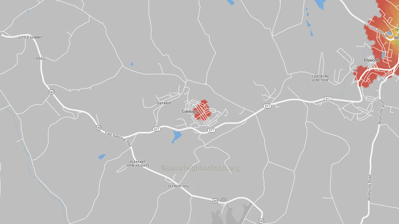 Walk Grade map of 15324, PA, walkable areas in green and car-dependent areas in red
