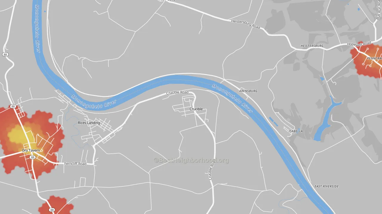 Walk Grade map of 15325, PA, walkable areas in green and car-dependent areas in red