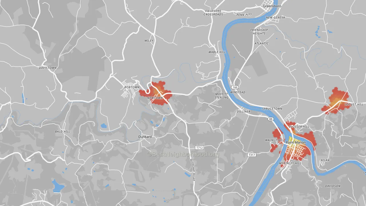 Walk Grade map of 15327, PA, walkable areas in green and car-dependent areas in red