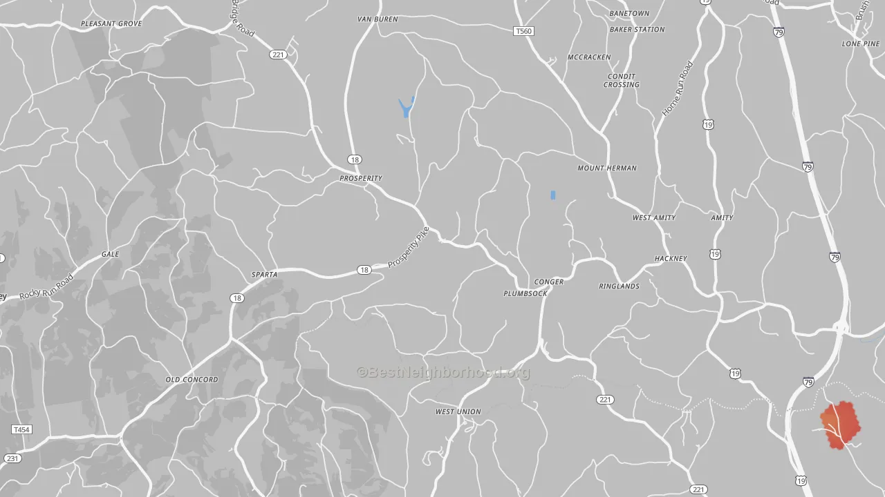 Walk Grade map of 15329, PA, walkable areas in green and car-dependent areas in red