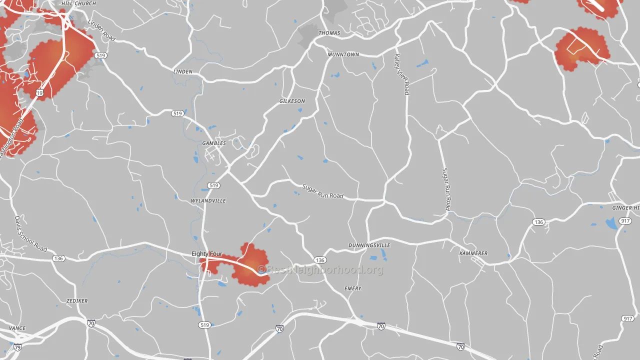 Walk Grade map of 15330, PA, walkable areas in green and car-dependent areas in red
