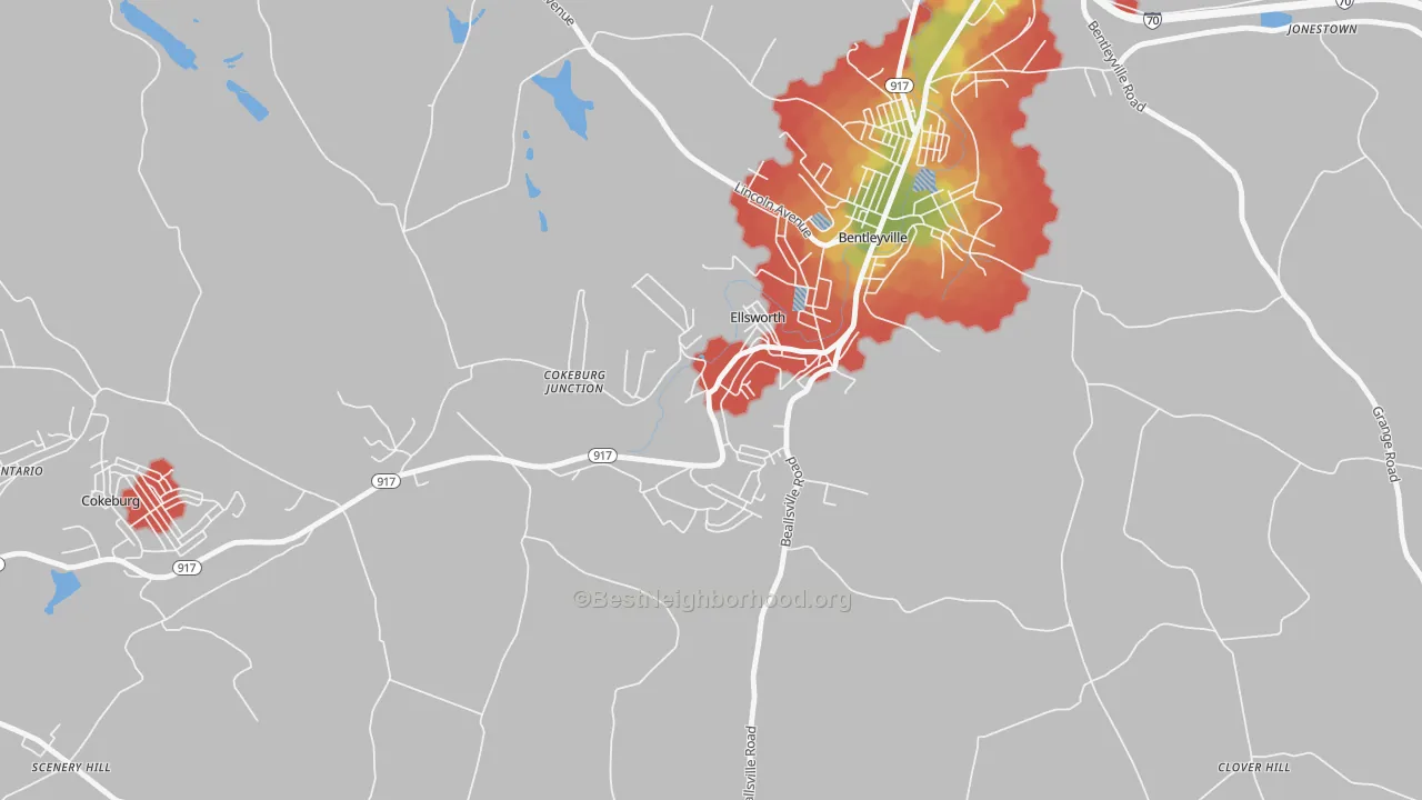 Walk Grade map of 15331, PA, walkable areas in green and car-dependent areas in red