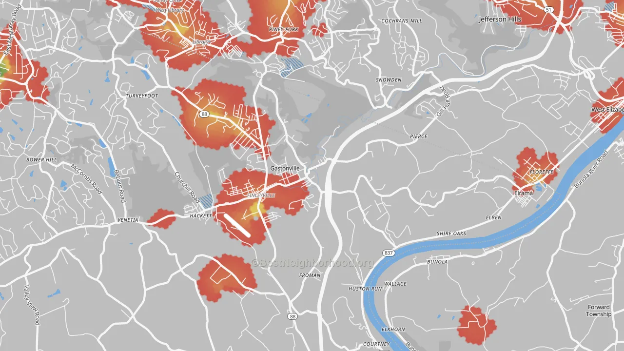 Walk Grade map of 15332, PA, walkable areas in green and car-dependent areas in red