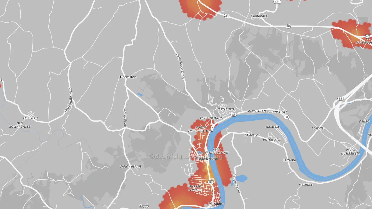 Walk Grade map of 15333, PA, walkable areas in green and car-dependent areas in red