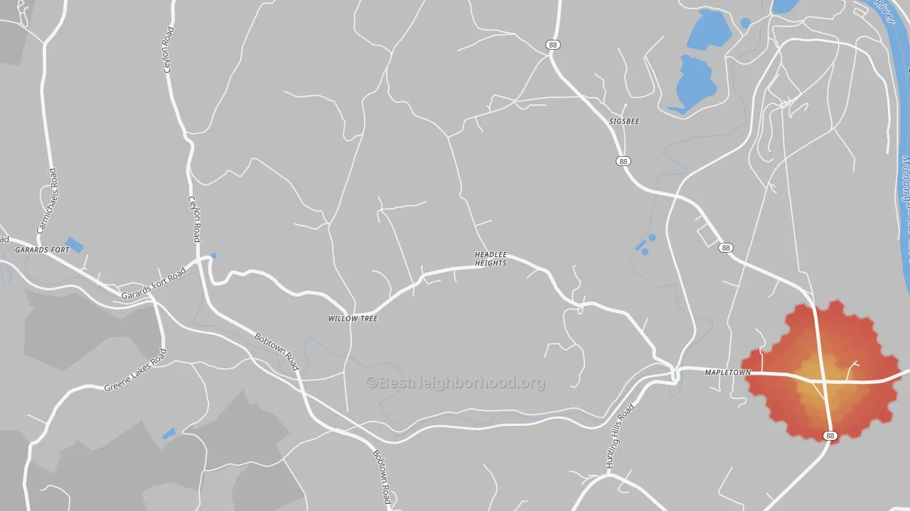 Walk Grade map of 15334, PA, walkable areas in green and car-dependent areas in red