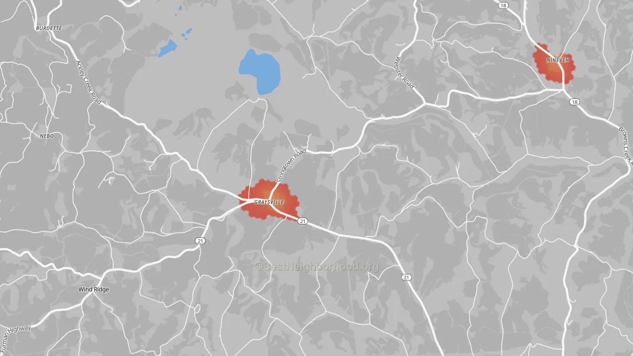 Walk Grade map of 15337, PA, walkable areas in green and car-dependent areas in red