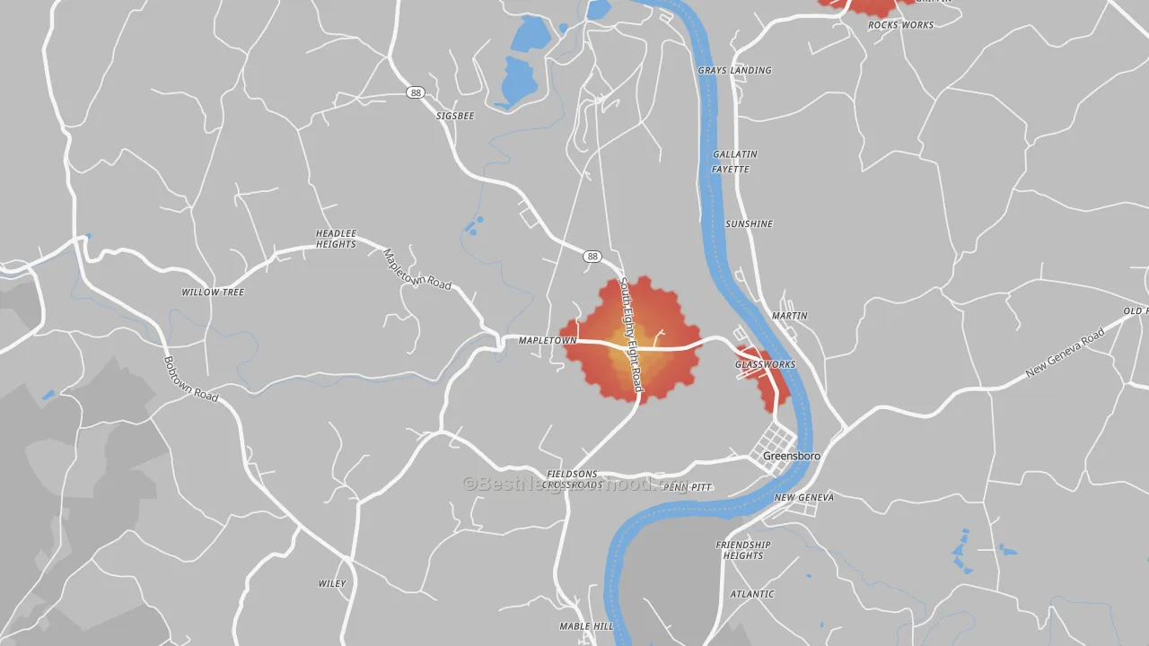Walk Grade map of 15338, PA, walkable areas in green and car-dependent areas in red