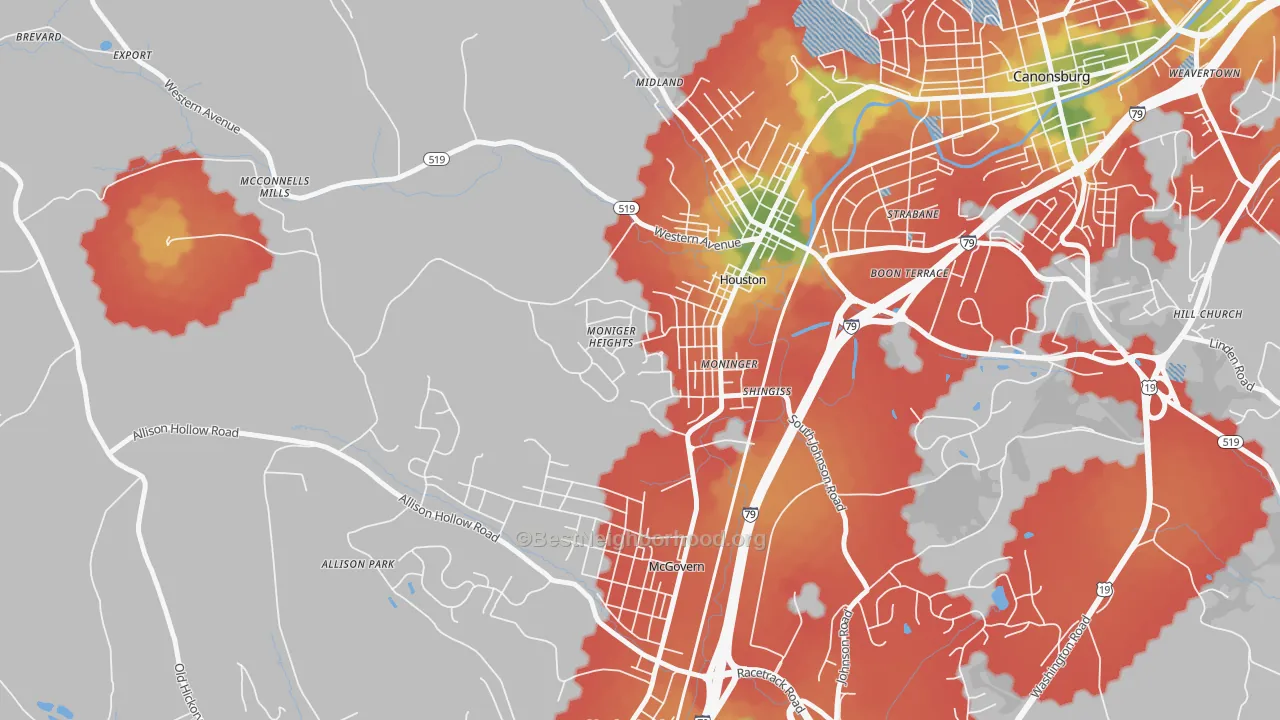 Walk Grade map of 15342, PA, walkable areas in green and car-dependent areas in red