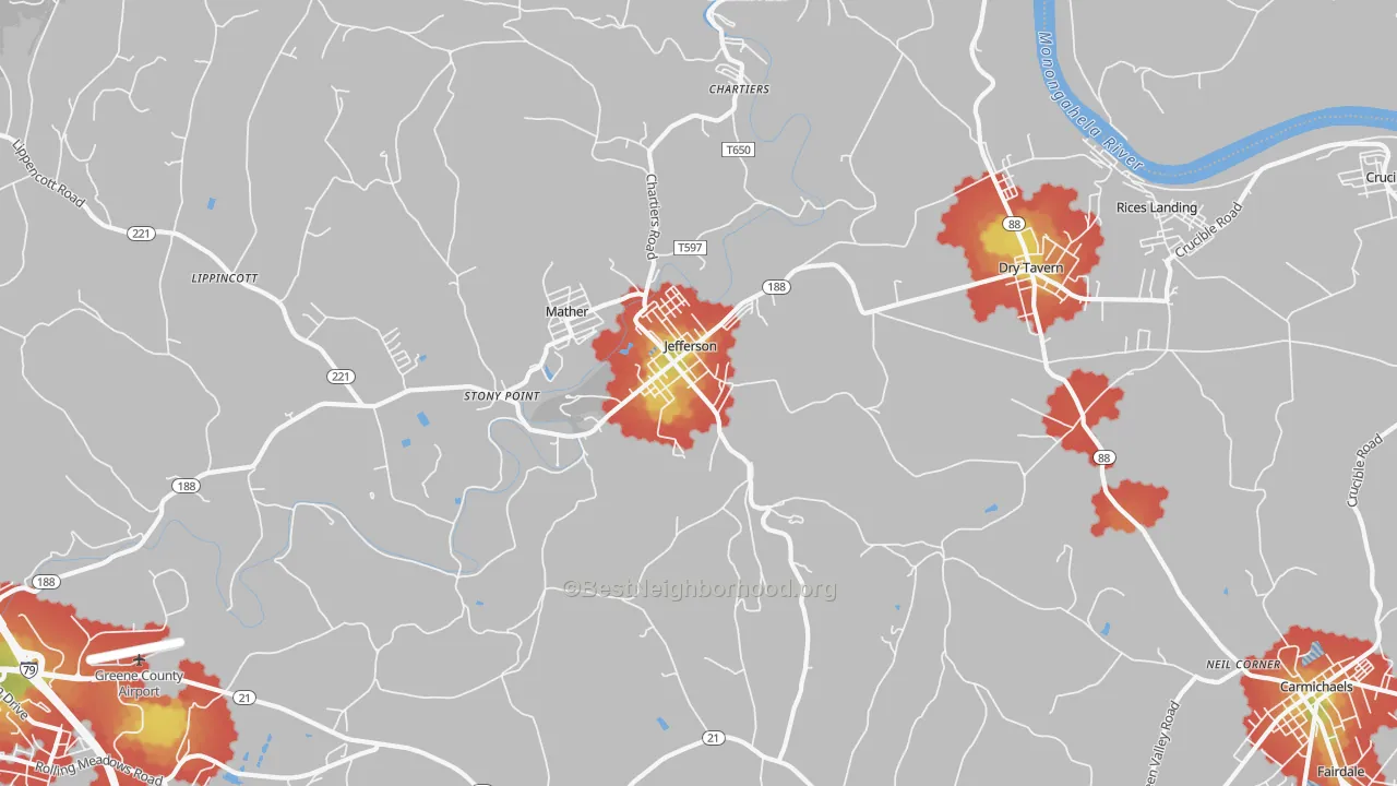 Walk Grade map of 15344, PA, walkable areas in green and car-dependent areas in red