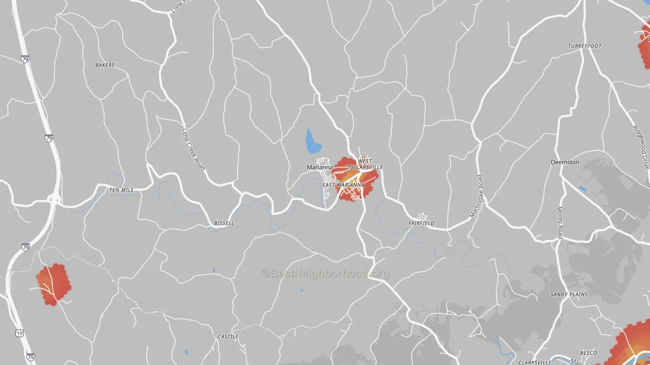 Walk Grade map of 15345, PA, walkable areas in green and car-dependent areas in red