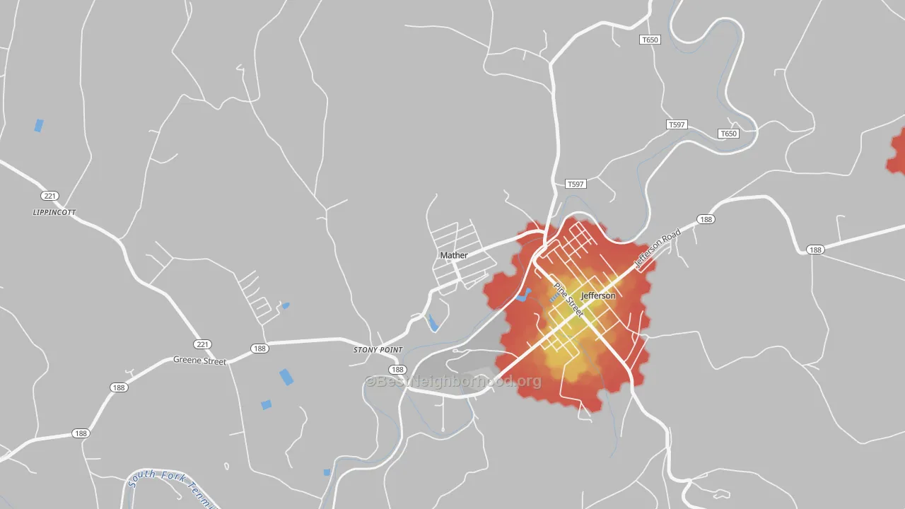 Walk Grade map of 15346, PA, walkable areas in green and car-dependent areas in red