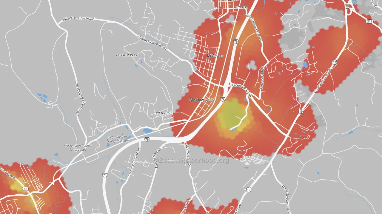 Walk Grade map of 15347, PA, walkable areas in green and car-dependent areas in red