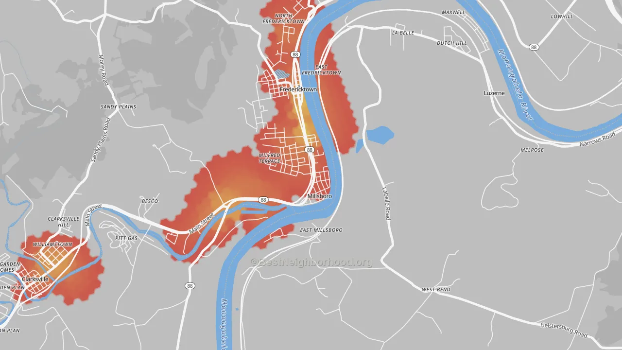 Walk Grade map of 15348, PA, walkable areas in green and car-dependent areas in red