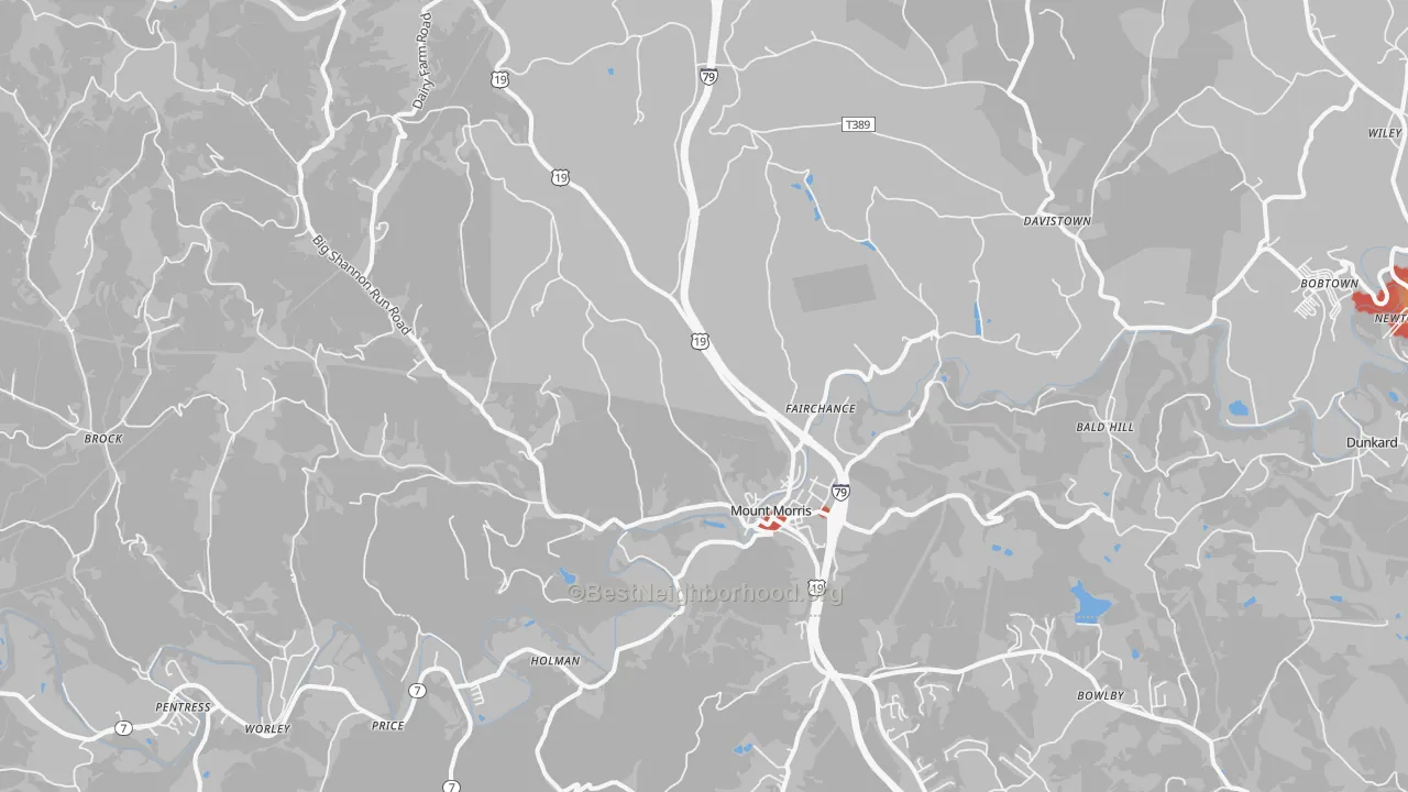 Walk Grade map of 15349, PA, walkable areas in green and car-dependent areas in red