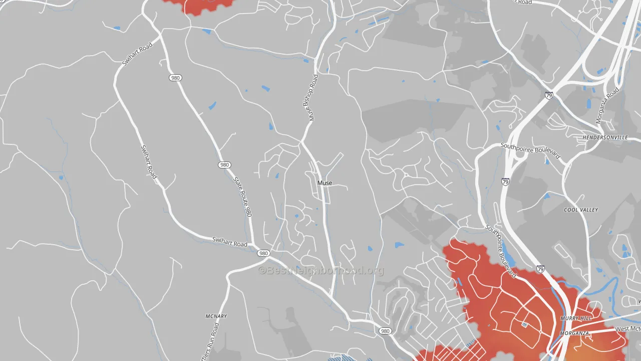 Walk Grade map of 15350, PA, walkable areas in green and car-dependent areas in red