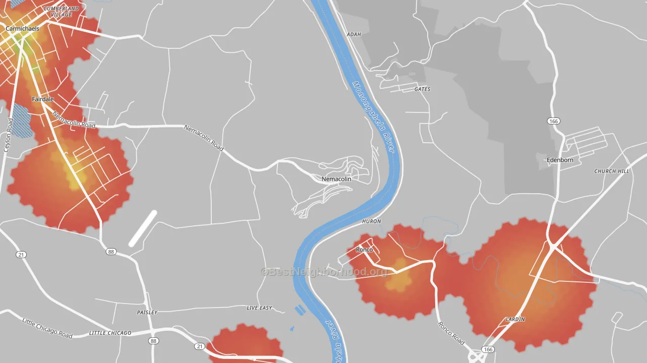 Walk Grade map of 15351, PA, walkable areas in green and car-dependent areas in red