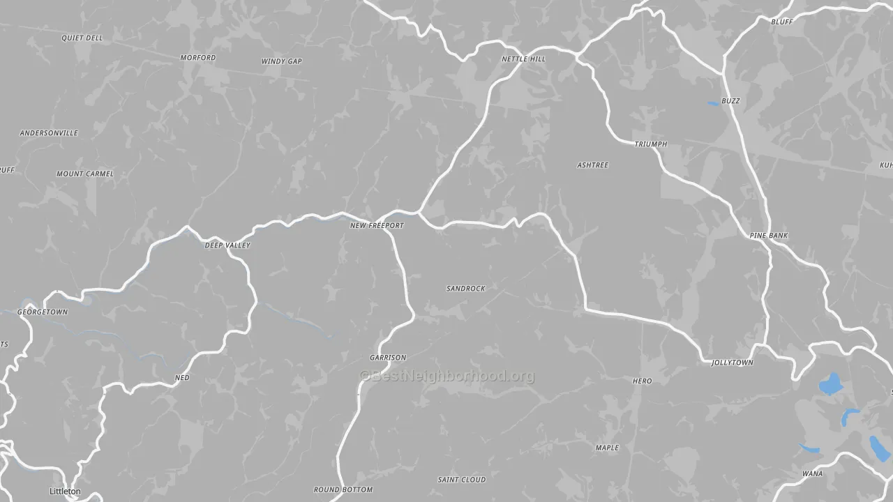 Walk Grade map of 15352, PA, walkable areas in green and car-dependent areas in red