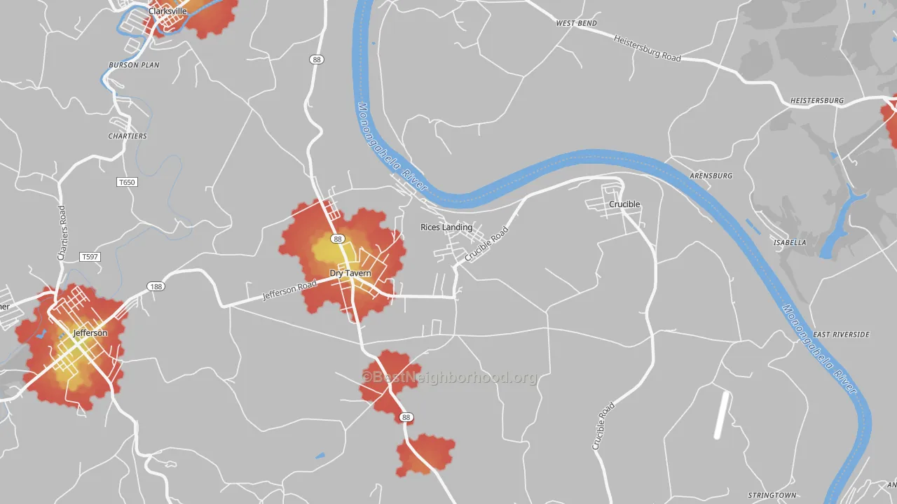 Walk Grade map of 15357, PA, walkable areas in green and car-dependent areas in red