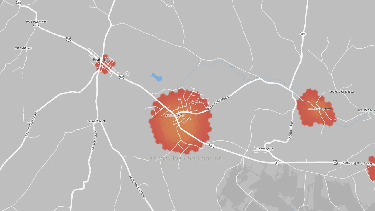 Walk Grade map of 15358, PA, walkable areas in green and car-dependent areas in red