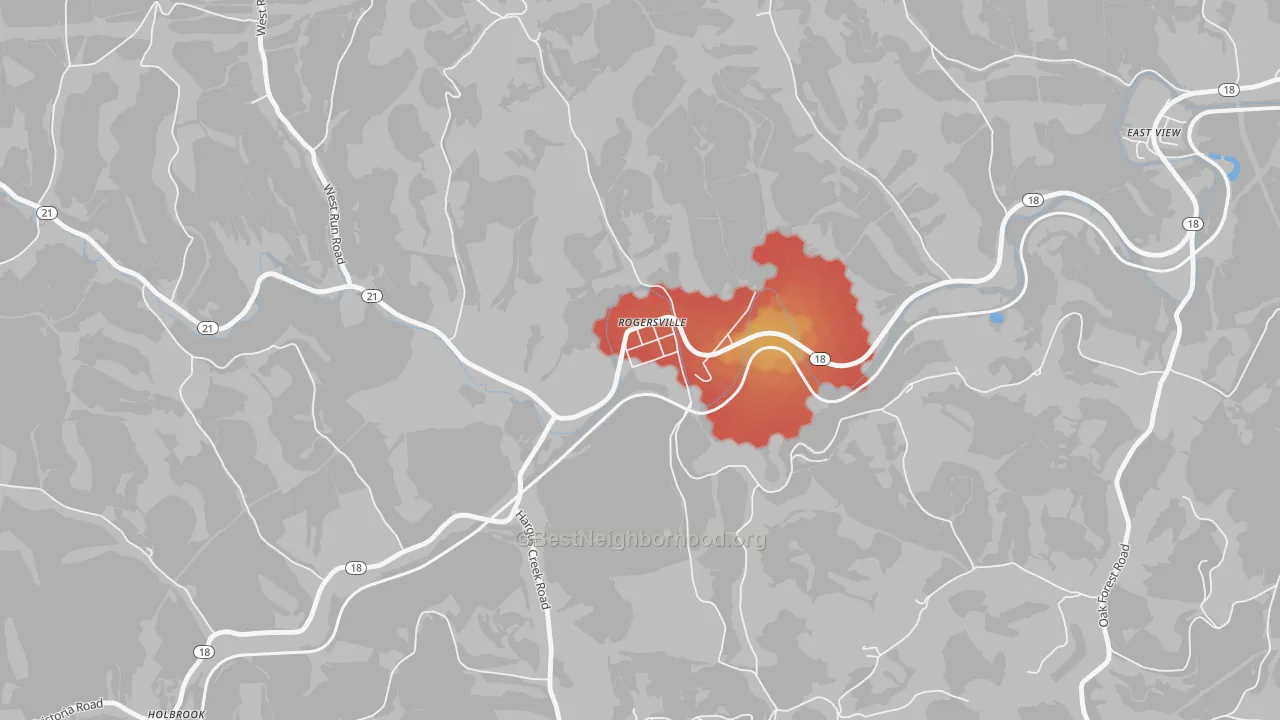 Walk Grade map of 15359, PA, walkable areas in green and car-dependent areas in red