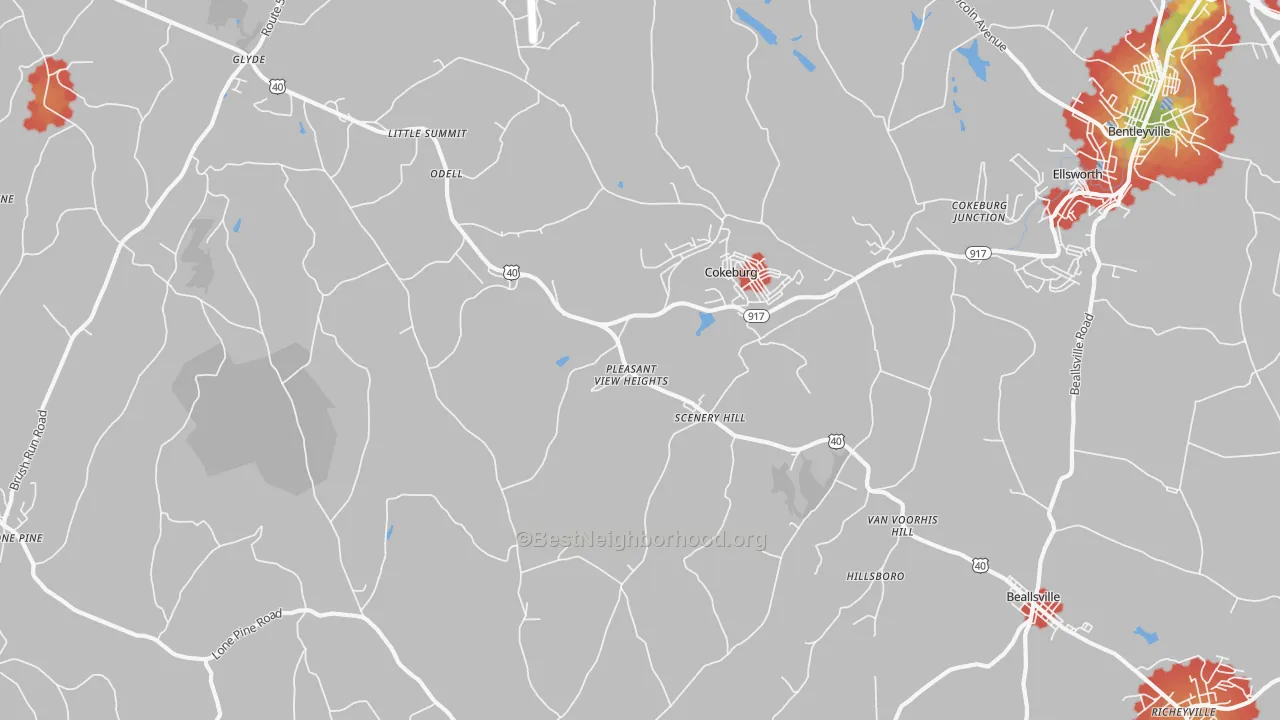 Walk Grade map of 15360, PA, walkable areas in green and car-dependent areas in red