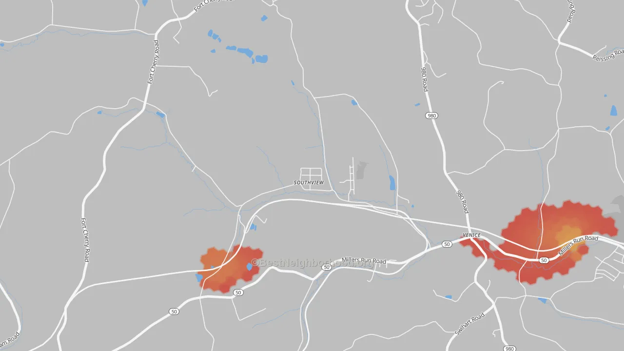 Walk Grade map of 15361, PA, walkable areas in green and car-dependent areas in red