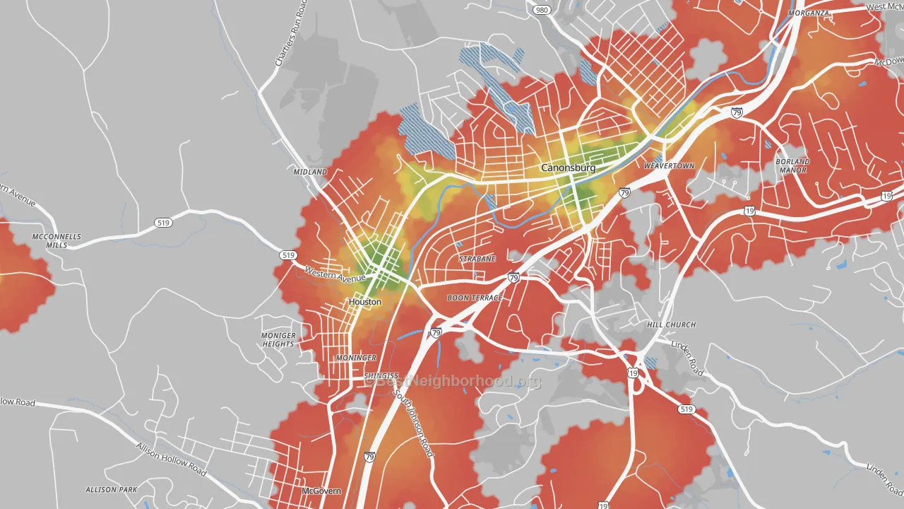 Walk Grade map of 15363, PA, walkable areas in green and car-dependent areas in red