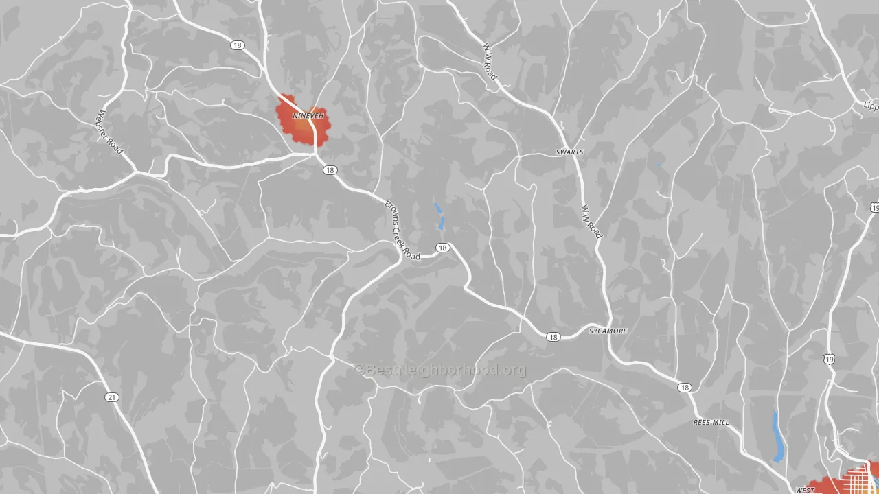 Walk Grade map of 15364, PA, walkable areas in green and car-dependent areas in red
