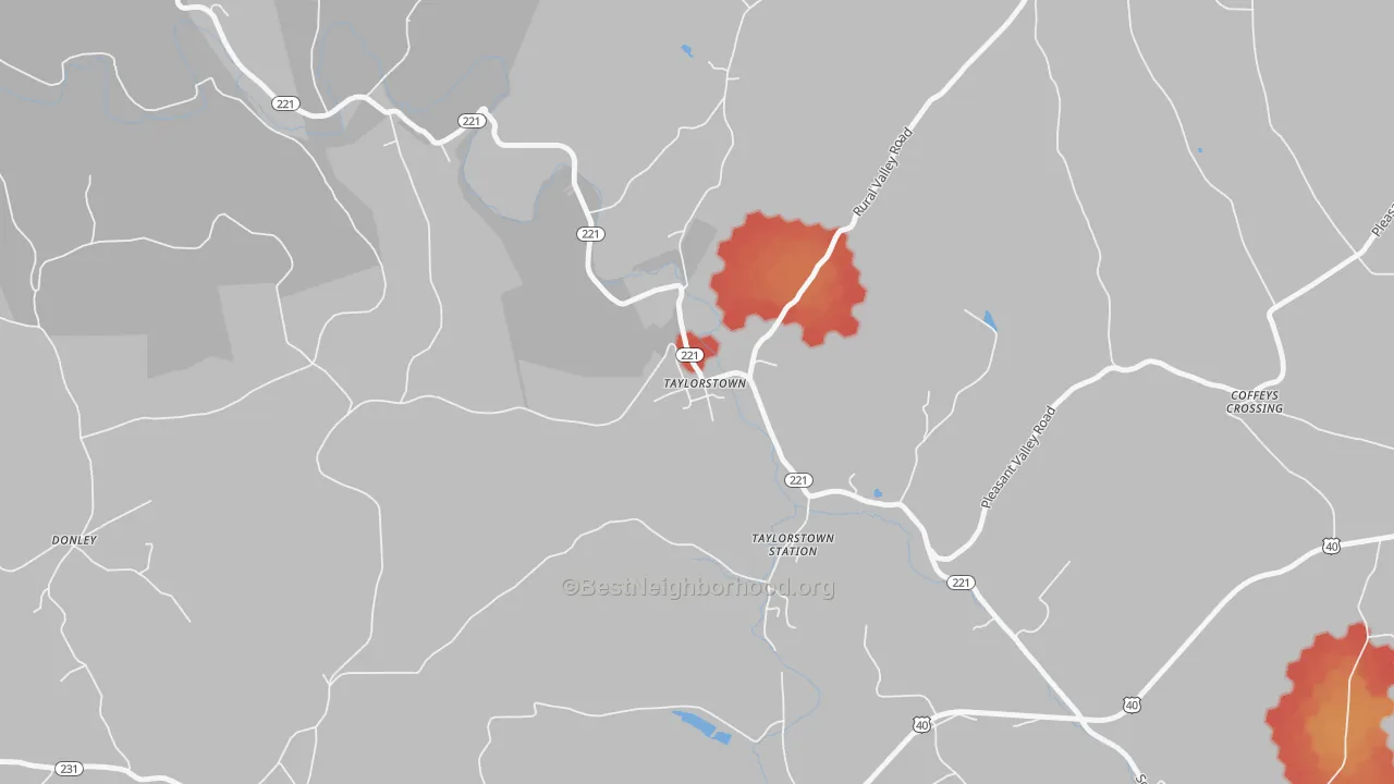 Walk Grade map of 15365, PA, walkable areas in green and car-dependent areas in red