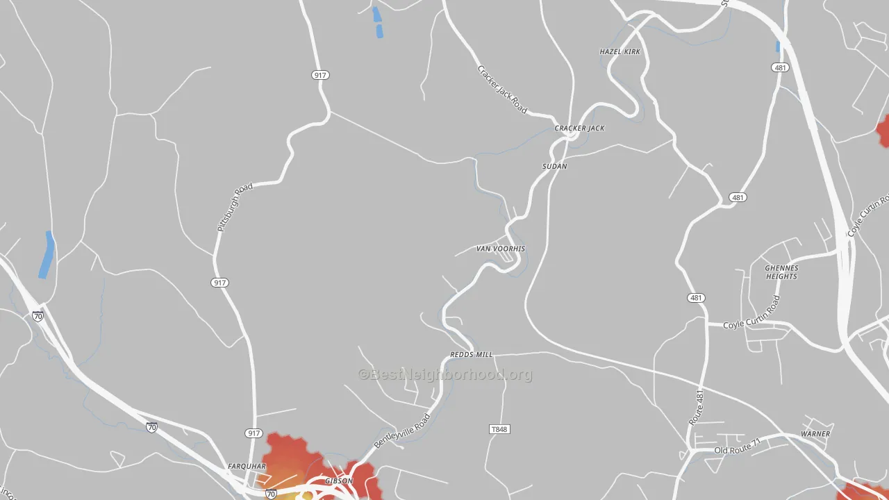 Walk Grade map of 15366, PA, walkable areas in green and car-dependent areas in red