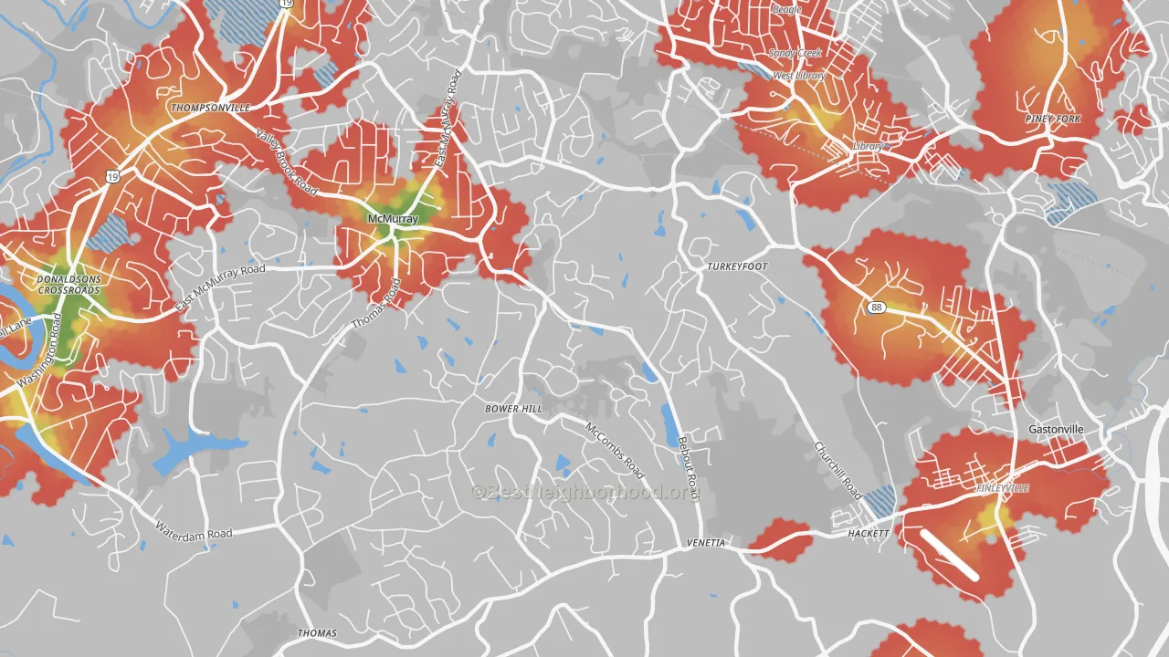 Walk Grade map of 15367, PA, walkable areas in green and car-dependent areas in red