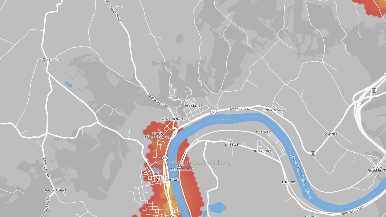 Walk Grade map of 15368, PA, walkable areas in green and car-dependent areas in red