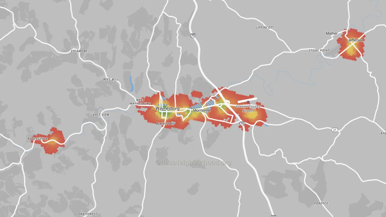 Walk Grade map of 15370, PA, walkable areas in green and car-dependent areas in red
