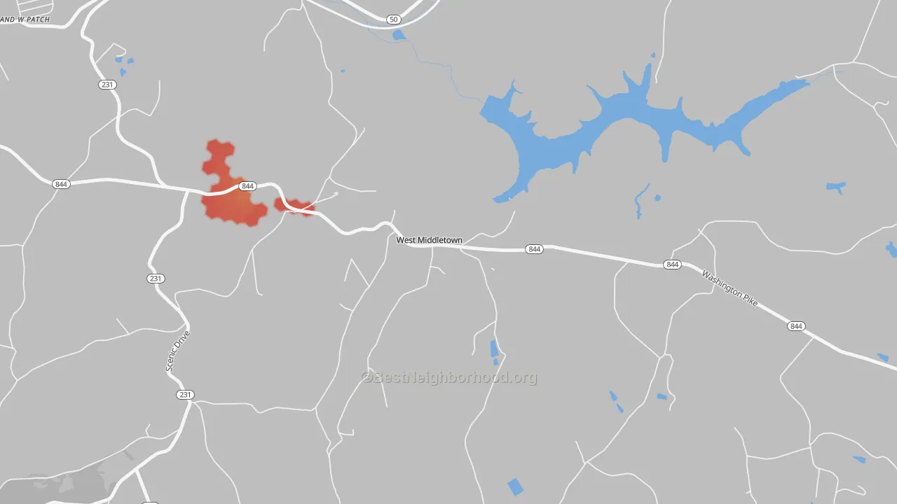 Walk Grade map of 15379, PA, walkable areas in green and car-dependent areas in red