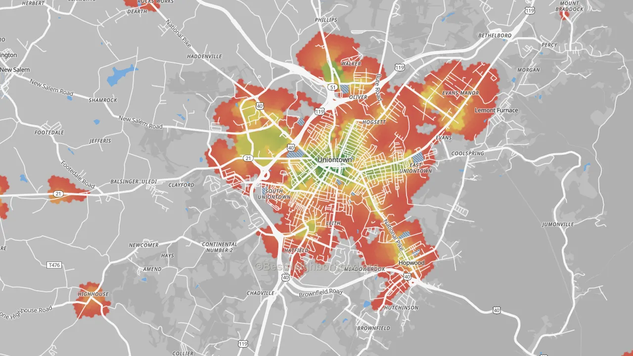 Walk Grade map of 15401, PA, walkable areas in green and car-dependent areas in red