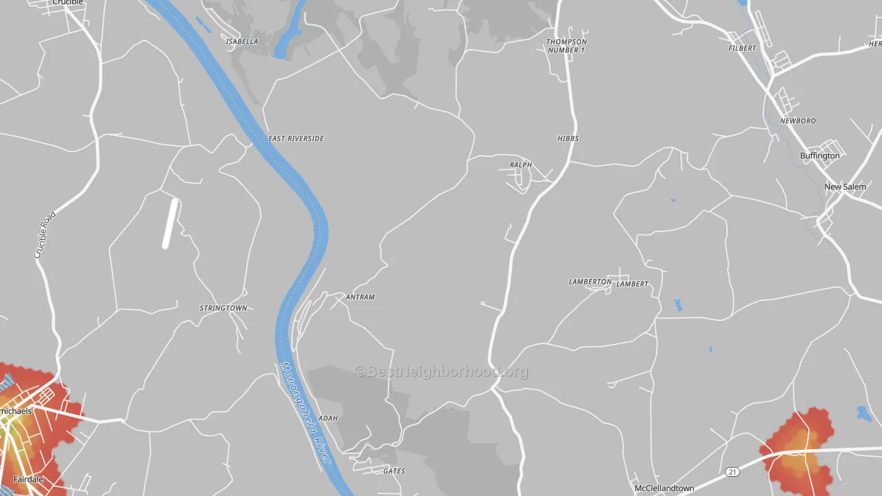 Walk Grade map of 15410, PA, walkable areas in green and car-dependent areas in red