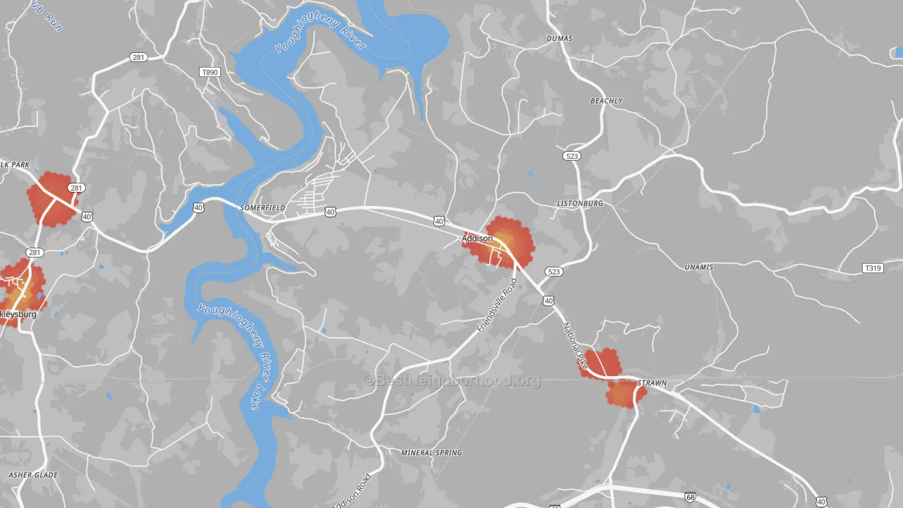 Walk Grade map of 15411, PA, walkable areas in green and car-dependent areas in red
