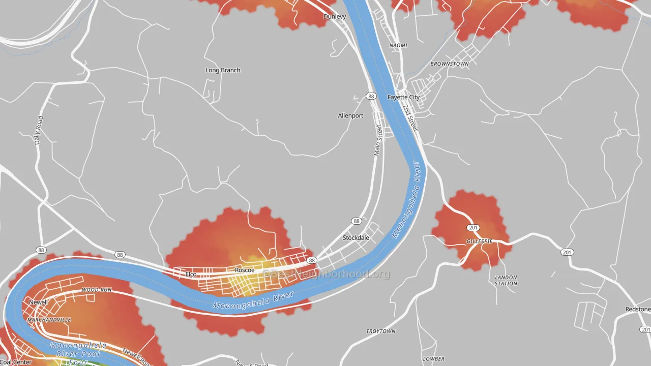 Walk Grade map of 15412, PA, walkable areas in green and car-dependent areas in red