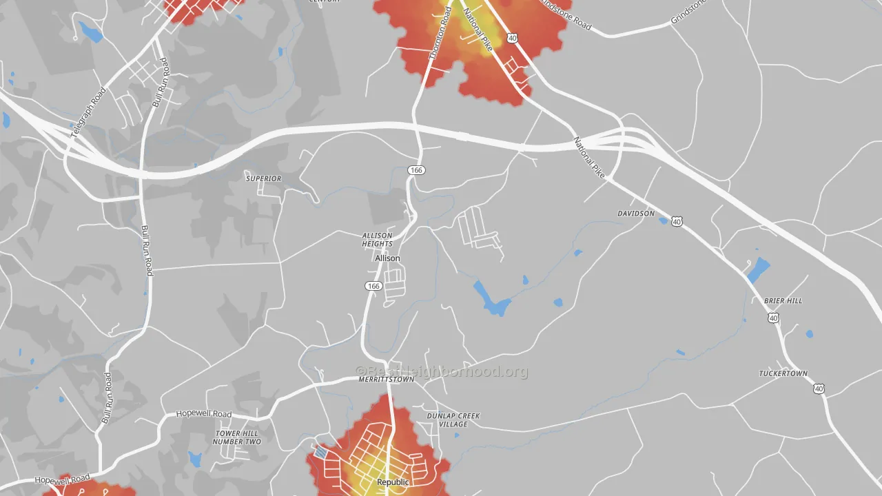 Walk Grade map of 15413, PA, walkable areas in green and car-dependent areas in red