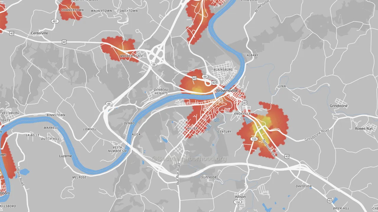 Walk Grade map of 15417, PA, walkable areas in green and car-dependent areas in red