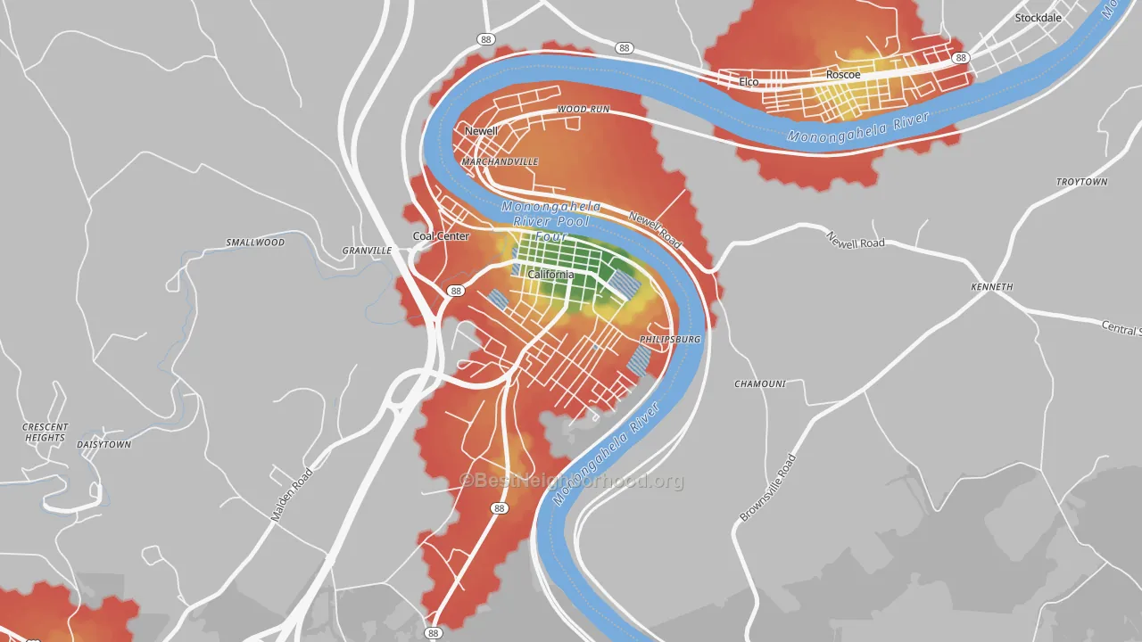 Walk Grade map of 15419, PA, walkable areas in green and car-dependent areas in red