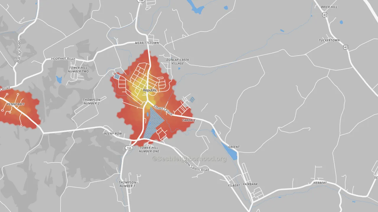 Walk Grade map of 15420, PA, walkable areas in green and car-dependent areas in red