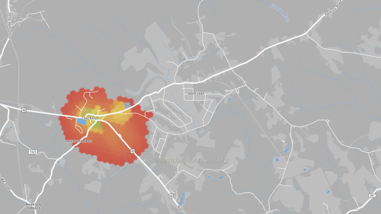 Walk Grade map of 15421, PA, walkable areas in green and car-dependent areas in red